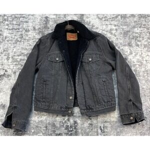 Levis Sherpa Lined Denim Trucker Jacket Womens Medium Black Jean Coat Snap Front